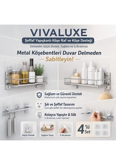 Vıvaluxe Şeffaf Yapışkanlı Duvar Askısı 4'lü Set