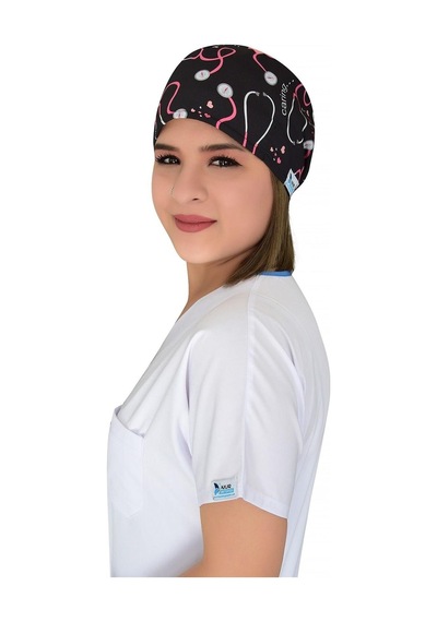 Unisex Steteskop Desenli Doktor Hemşire Hastane Cerrahi Bonesi Beyaz Beyaz