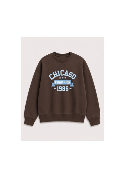 Herkesemoda Chicago Baskı Detaylı Bisiklet Yaka Şardonlu 2 İplik Sweatshirt Kahverengi