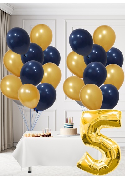 5 Yaş Sarı Lacivert Taraftar Temalı Doğum Günü Seti Altın Kozmik Lacivert Balonlar Altın Folyo Rakam Altın