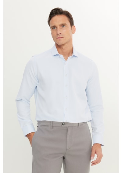 AC&Co / Altınyıldız Classics Erkek Beyaz-mavı Slim Fit Dar Kesim İtalyan Yaka Armürlü Pamuklu Basic Gömlek Beyaz-mavı