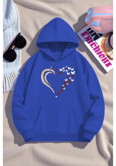 Uyguntarz Unisex Leopar Kalp Desenli Baskılı Oversize Sweatshirt Mavi