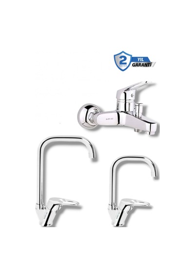Köşe Borulu 3'lü Mix Set Mutfak - Lavabo Ve Banyo Bataryası Musluğu Krom