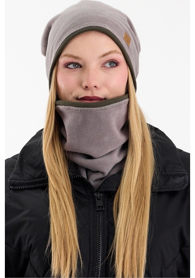 Butikgiz Kadın Dış Kısım Polar, İç Kısım Kaşkorse Pamuklu, Çift Renk, Çift Kat, Katlanabilir Bere Boyunluk Set Gri-haki