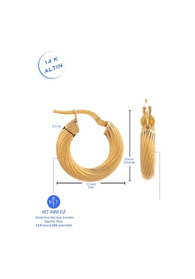 14 Ayar Altın Küpe Desenli Halka Küpe 1,5 Cm Çapında