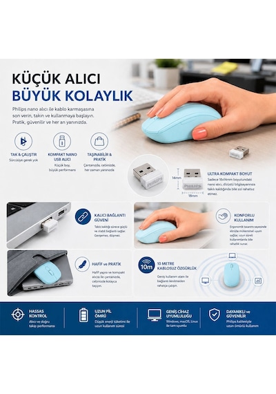 Philips Spk7398wj/38 1600 Dpı Sessiz Tıklama Mavi Kablosuz Ofis Mouse Diğer