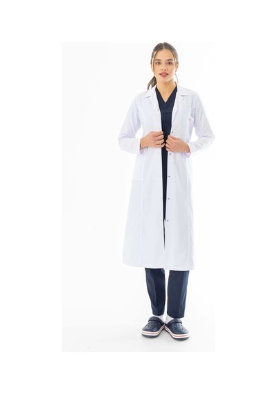 Spor Yaka Maxi Boy Kadın Doktor Önlüğü Alpaka Kumaş Beyaz Bko008 Beyaz