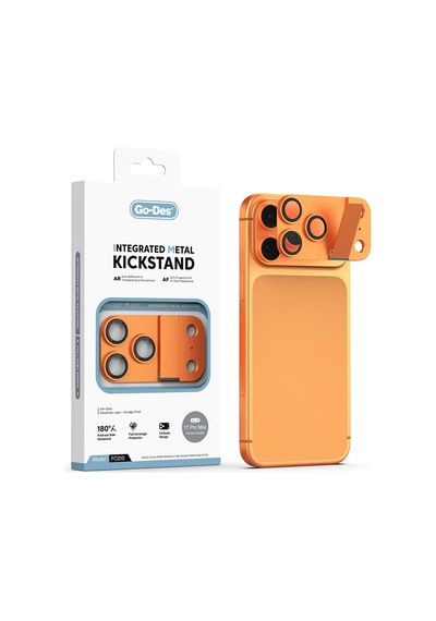 İphone 17 Pro Max Uyumlu Go Des Cl-23 Anti Reflective Standlı Kamera Lens Koruyucu Turuncu