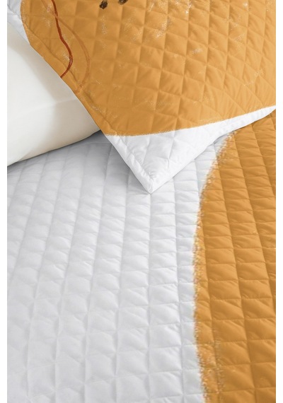 Geometrik Hardal Genç Odası Tek Kişilik Pike Takımı - Modern Gri 160x220 Cm Kapitone Yatak Örtüsü Naif Perde Dengesi