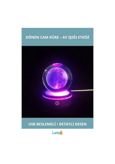 Usb'li Dolunay Tasarımlı Dönen Cam Küre 8 Cm 1 Adet