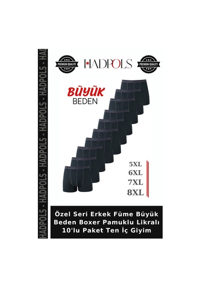 Hadpols Özel Seri Erkek Füme Büyük Beden Boxer Pamuklu Likralı 10'lu Paket Ten İç Giyim