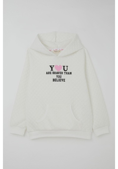 Breeze Kız Çocuk Sweatshirt Kapitone Desenli Kanguru Cepli 8-14 Yaş, Ekru Ekru