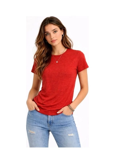 Efnaz Style Flam Kumaş Melanj Dokulu Regular Fit Tişört Bisiklet Yaka Yazlık T-shirt - Kiremit