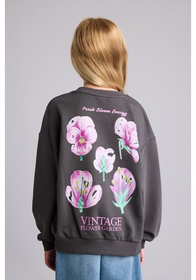 Defacto Relax Fıt Bisiklet Yaka Floral Sweatshirt Kız Çocuk I4172a826auar150 Antrasit-ar150