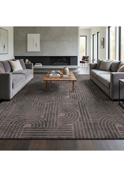 Antrasit Modern Geometrik Desenli Dijital Baskılı Kaymaz Tabanlı Yıkanabilir Halı Antrasit