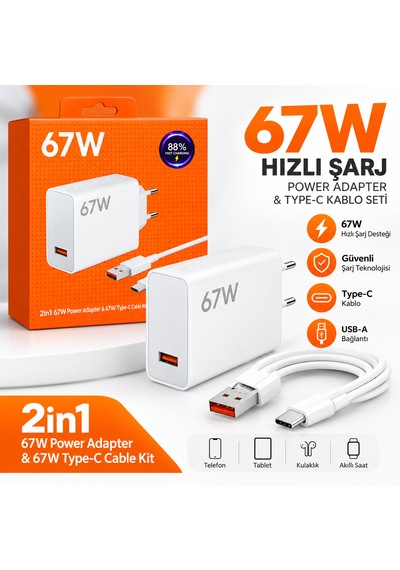 67w Hızlı Şarj Adaptörü Ve Type-c Kablo Seti BEYAZ