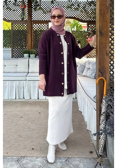 Rabia Şamlı Sedef Angora Triko Hırka Mürdüm Normal