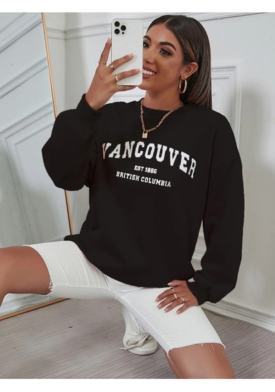 Oversize Vancover Baskılı Bisiklet Yaka Sweatshirt Siyah