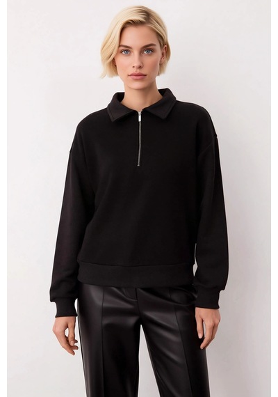 Benerly Kadın Polo Yaka Düşük Kol Fermuarlı Regular Kalıp Örme Sweatshirt siyah