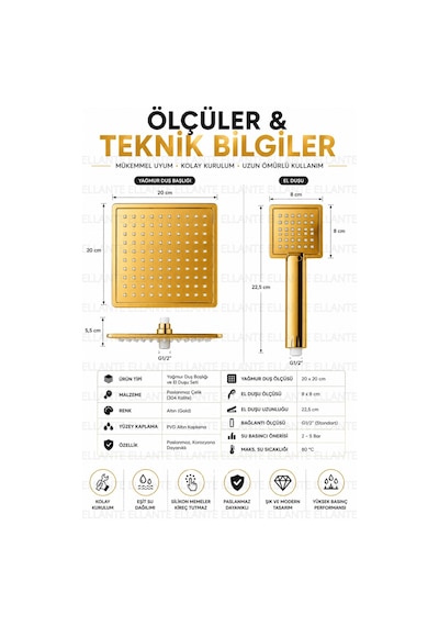 Premium Gold 20x20 Cm Kare Yağmur Duş Başlığı Ve El Duşu Seti Paslanmaz Çelik Yüksek Basınçlı Lü Çok Renkli