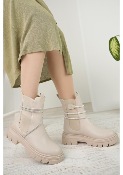 Nesil Shoes Fncy 205 Bej Çift Lastikli Kadın Bot-bej Bej