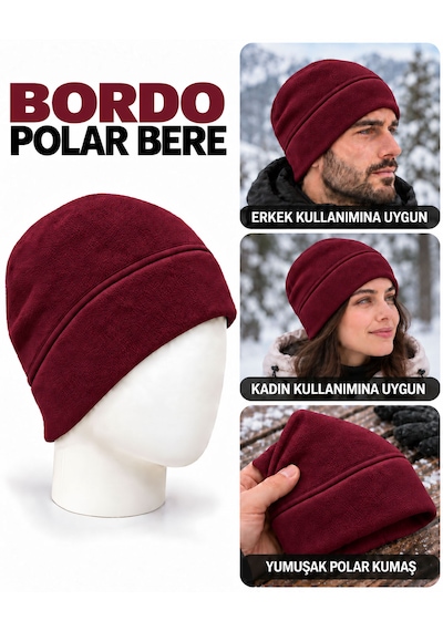 Unisex Polar Bere, Kadın Ve Erkek Uyumlu, Kışlık Yumuşak Polar Bere Bordo