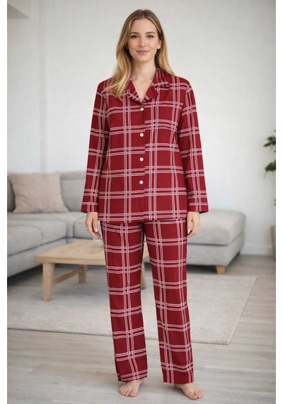 Tenra Kadın Pijama Takımı Licralı Boydan Düğme Bordo