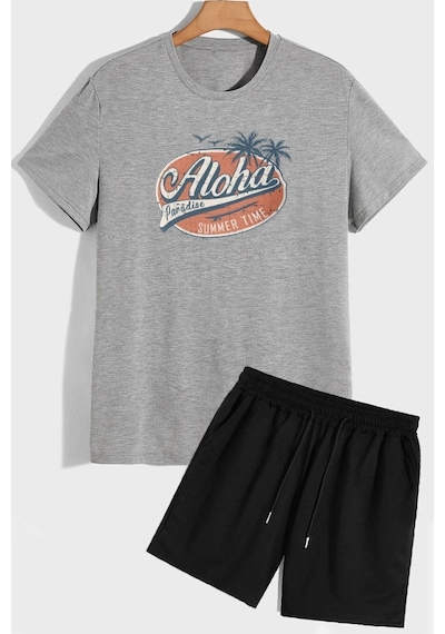 Uyguntarz Aloha Şort T-shirt Eşofman Takımı Gri