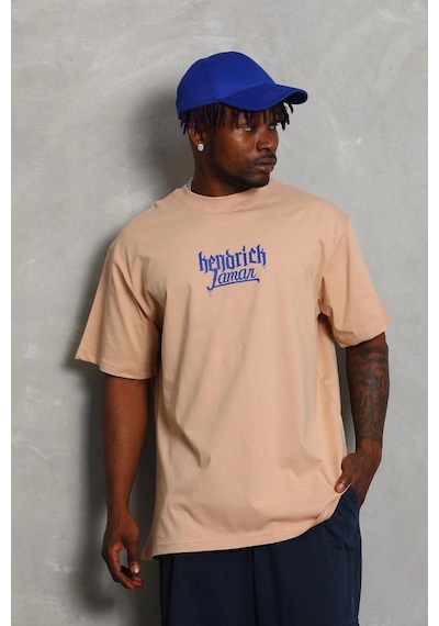 Barlashive Erkek Baskılı Tişört Kısa Kol Bisiklet Yaka Oversize T-shirt - Bej Çok Renkli