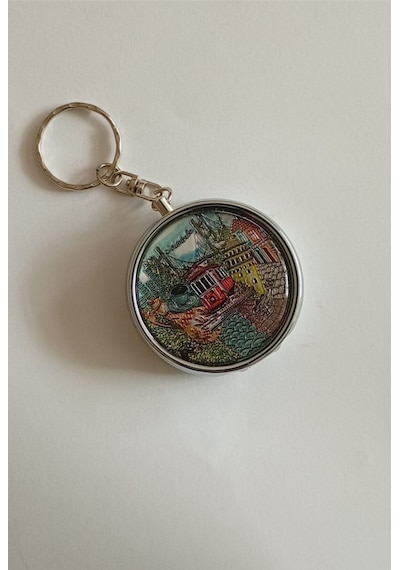 Mini Taşınabilir Cep Küllüğü Mini Cep Küllüğü Anahtarlıklı - Çanta Küllüğü 5cm - İstanbul Desenli Kapaklı Metal Mini Kül Tabağı