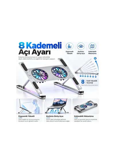 Çift Fanlı Laptop Soğutucu Stand, 8 Kademeli Ayarlanabilir Metal Stand P-11