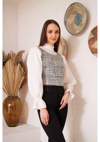 Darlin Moda Gri Tüvit Detaylı Uzun Kollu Bluz Dm9000 Gri