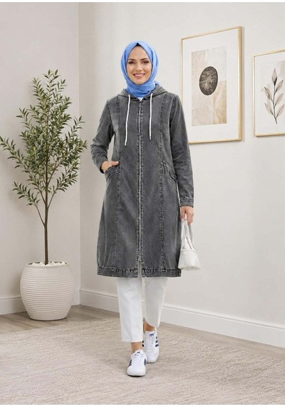 Hb Harma Time Butik Kadın Kapüşonlu Cepli Fermuarlı Gri Kot Kap Gri Gri