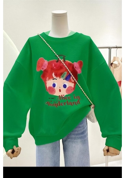 Benroma 3 İplik Penye Alice İn Wonderland Baskılı Unisex Sweatshırt Yeşil