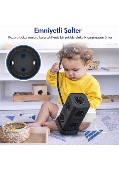 Kule Tipi Çoklu Priz 3680w 9 Lu Topraklı Priz + 2 Usb + 2 Type-c Masaüstü Dikey Akım Korumalı Priz 2 m