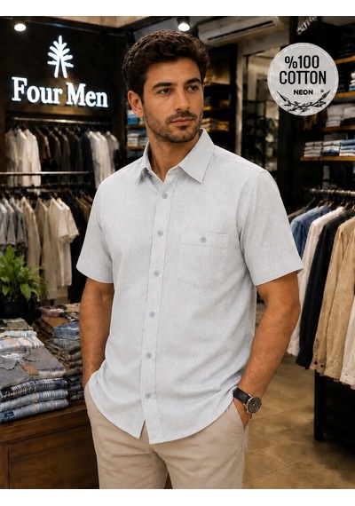 Eren Style Linen Keten Klasik %100 Cotton Kısa Kollu Terletmeyen Gömlek Açık Gri