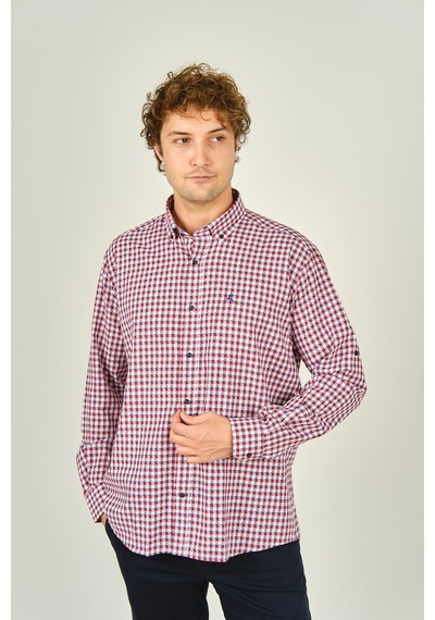 Figs Erkek Slim Fit Ekoseli Uzun Kollu %100 Pamuk Gömlek 0016 Kırmızı Kırmızı