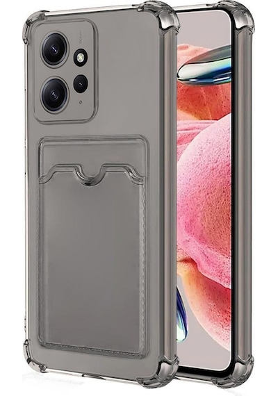 Redmi Note 12 4G Kılıf Darbe Emici Köşe Korumalı Kartlıklı Cüzdanlı Silikon Kapak Füme