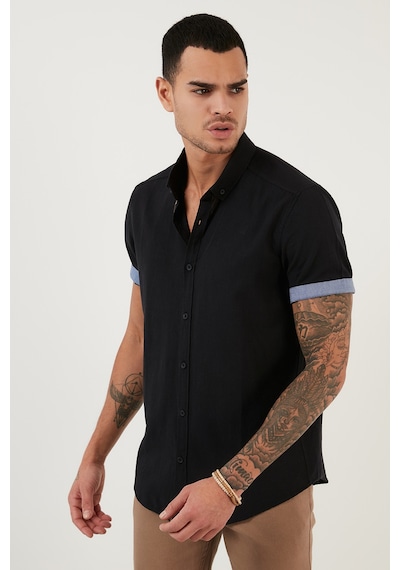 Buratti Pamuklu Slim Fit Düğmeli Yaka Kısa Kollu Erkek Gömlek Cf21S112546 Siyah