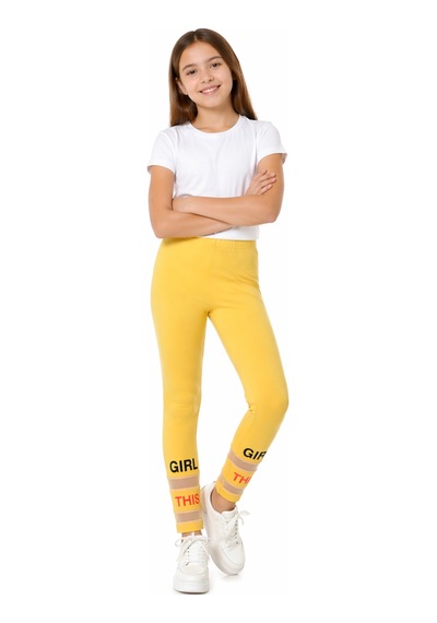 İrem Kız Çocuk Girl This Yazılı File Detaylı Sarı Renk Tayt