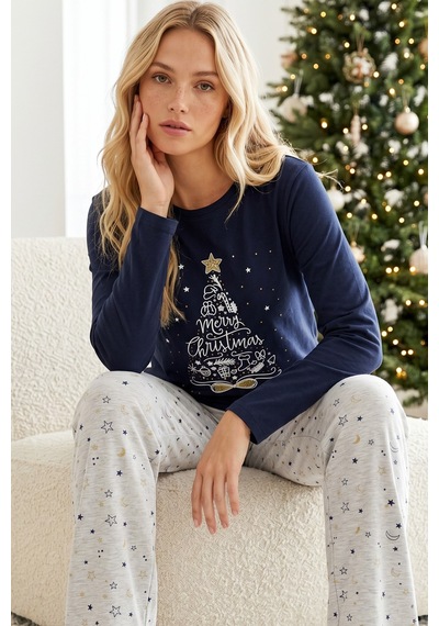 Siyah İnci Yılbaşı Temalı Pamuklu Likralı Örme Pijama Takım26240339 Lacivert Siyah İnci Yılbaşı Temalı Pamuklu Likralı Örme Pijama Takım26240339 Lacivert