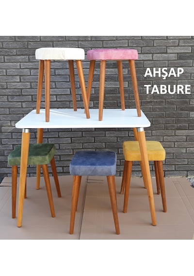 Depolife Ahşap Ayaklı Tabure Mutfak Yemek Masa Taburesi Kumaş Döş