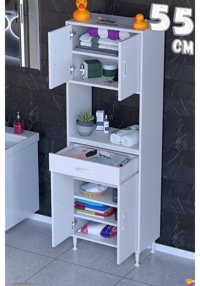 Arda 55 Cm 4 Kapaklı 7 Raflı Ve Çekmeceli Çok Amaçlı Banyo Dolabı 55 Cm