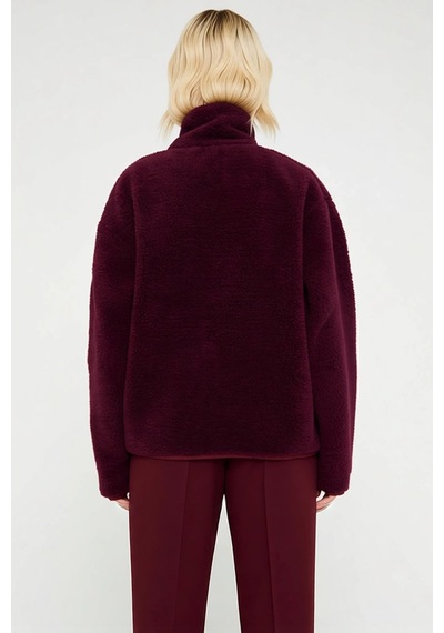 Benerly Kadın Dik Yaka Düşük Kol Tam Fermuarlı Peluş Sweatshirt Fonksiyon Mürdüm