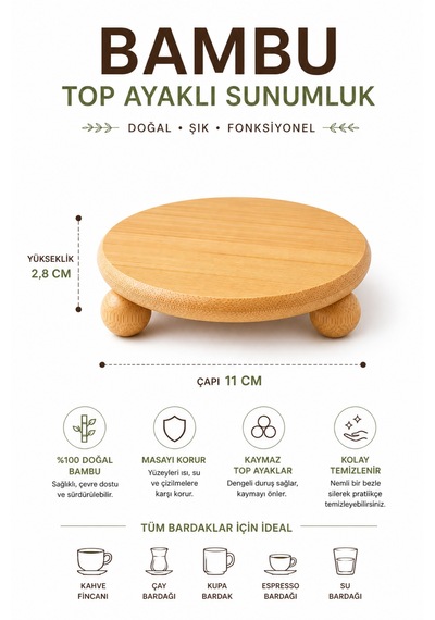 Bambu Top Ayaklı Bardak Altlığı 11 Cm Doğal Ahşap Sunumluk Isıya Dayanıklı Mini Stand