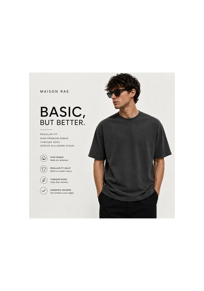 Masion Rae Erkek Tişört Antrasit Regular Fit Bisiklet Yaka Pamuklu 30/1 Süprem Kumaş