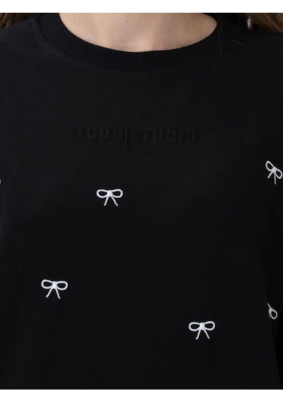 Zekids Kız Çocuk Fiyonk Nakışlı Oversize Tshirt-15536 Siyah Beyaz