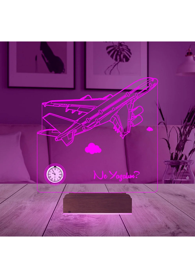Luvivia Uçak Pilot Yolcu Uçağı Kaptan Pilot Kişiye Özel Metal Saatli 3d Lamba - Masa Gece Lambası Şeffaf