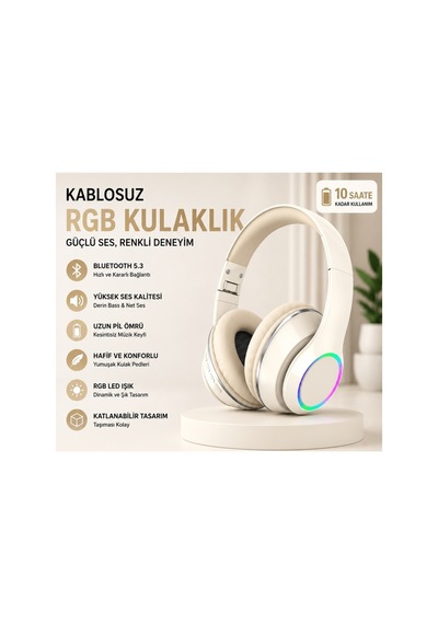 P101 Bluetooth Kulaklık 5.3 Wireless Headphone Şarjlı Kulaküstü Kulaklık Rgb Led Işıklı Fm Radyo Sd Kart Aux Girişli Mikrofonlu Type C Şarj