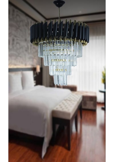 Zamira 45 Cm'lik Gold Kristal Taşlı Lüx Avize 4'lü Black Gold - Yatak Odası - Salon - Mutfak - Hol Altın